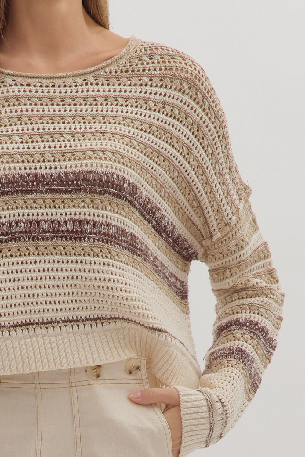 TAUPE STRIPED KNIT SWEATER