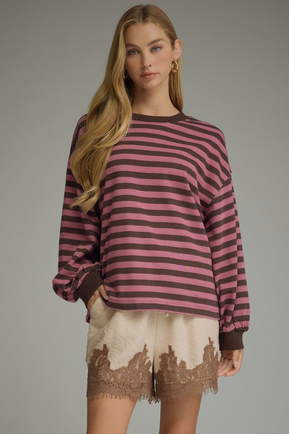 BROWN & PINK STRIPE LS TOP