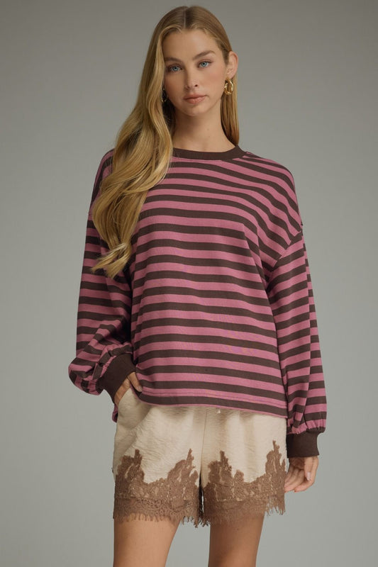 BROWN & PINK STRIPE LS TOP