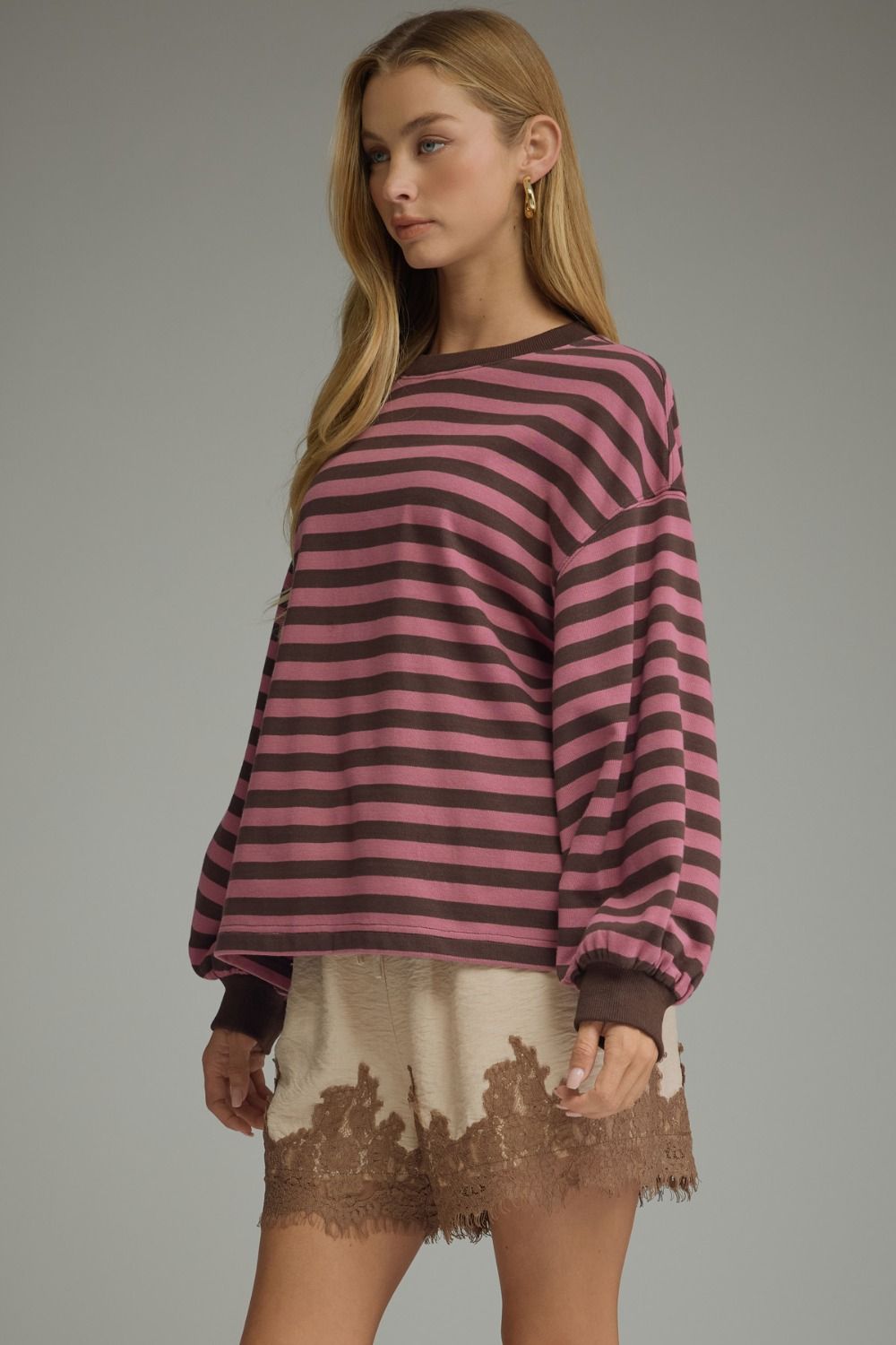 BROWN & PINK STRIPE LS TOP