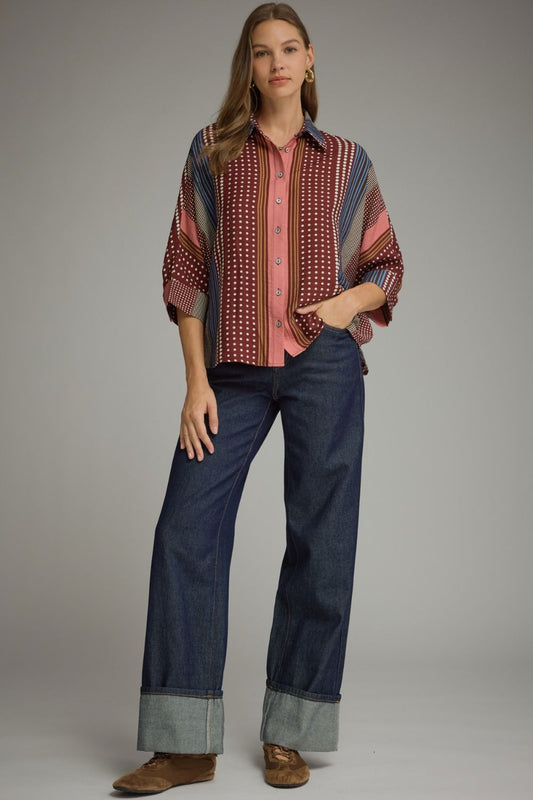 MIXED PRINT BURGUNDY TOP