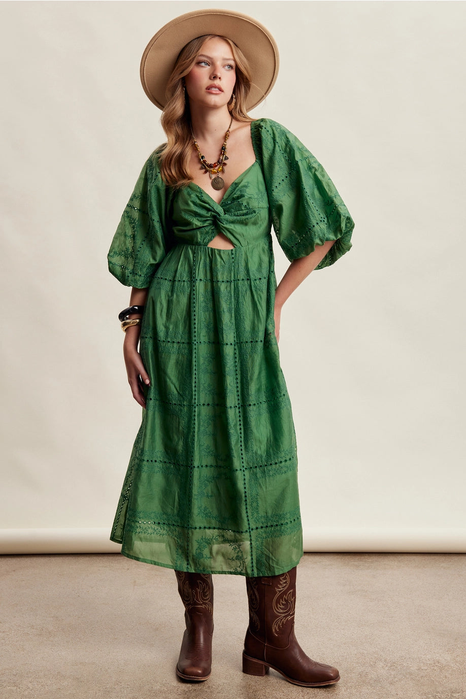 GREEN EMBROIDERED FLOWY DRESS