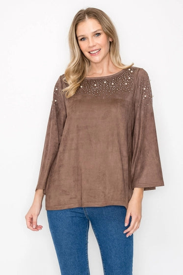 ANNIE SUEDE TOP W/ STUDS & PEARLS - UMBER