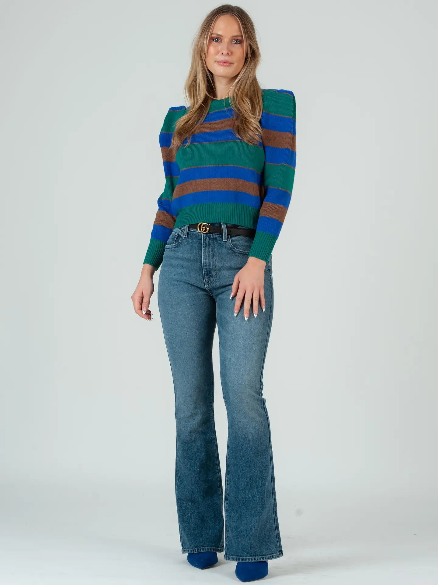 STRIPED PUFF SHOULDER SWEATER