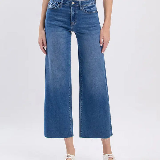 HIGH RISE CLEAN CUT RAW HEM CROP SLIM WIDE JEANS