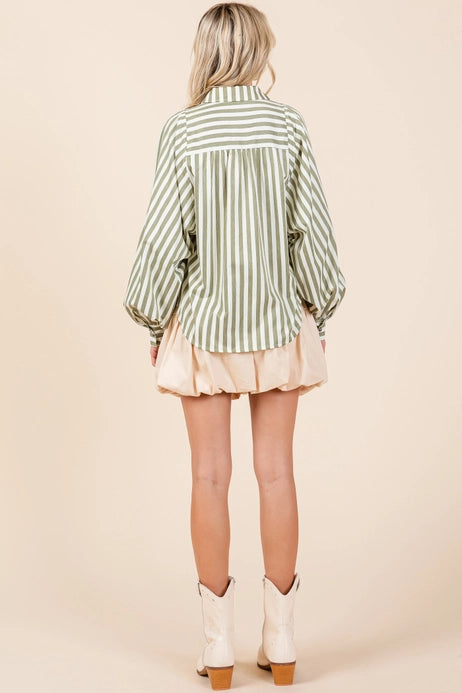 STRIPE PATTERN BUTTON UP TOP - OLIVE
