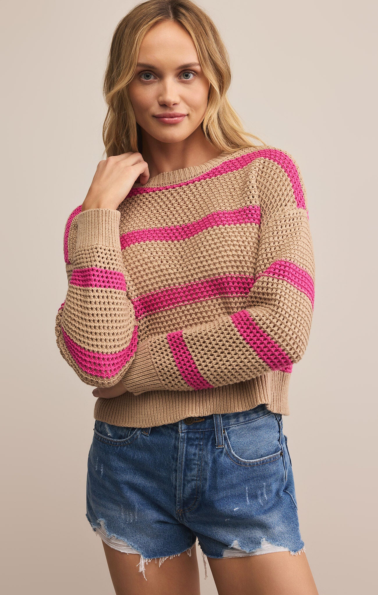 BROADBEACH STRIPED SWEATER - BISCUIT