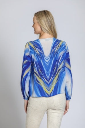 BLUE MARBLE PRINT V-NECK TIE FRONT TOP