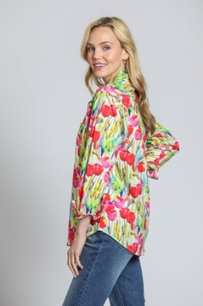 TULIP PRINT BOYFRIEND BUTTON UP BLOUSE