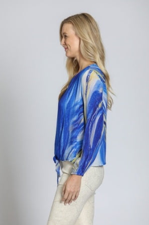 BLUE MARBLE PRINT V-NECK TIE FRONT TOP