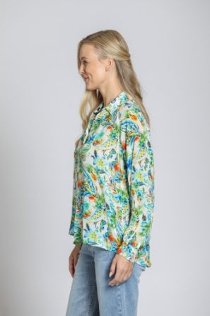 GREEN/BLUE HALF PLACKET PULLOVER BLOUSE