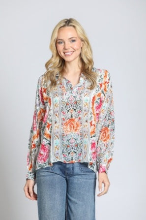 COLORFUL TRELLIS PRINT BLOUSE