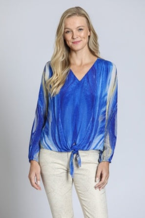 BLUE MARBLE PRINT V-NECK TIE FRONT TOP