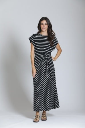 BLACK & WHITE STRIPE CINCH WAIST DRESS