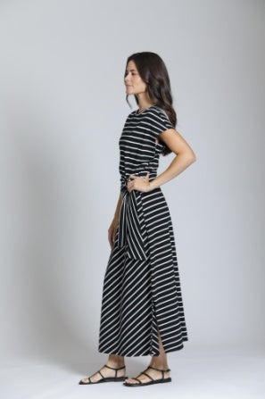 BLACK & WHITE STRIPE CINCH WAIST DRESS