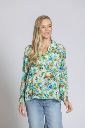 GREEN/BLUE HALF PLACKET PULLOVER BLOUSE