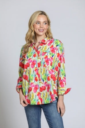 TULIP PRINT BOYFRIEND BUTTON UP BLOUSE