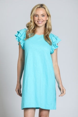 DOUBLE RUFFLE SLEEVE CASUAL DRESS - CAPRI BLUE