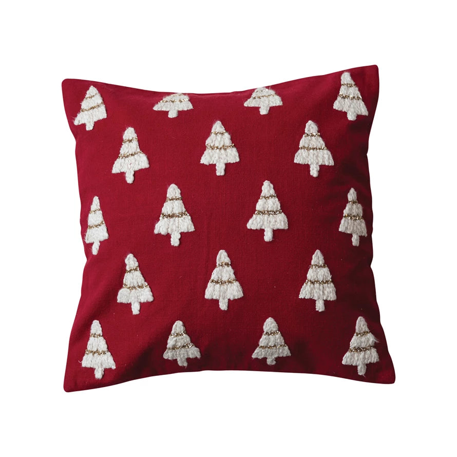 RED PILLOW W/ WHITE TREES & BEADS