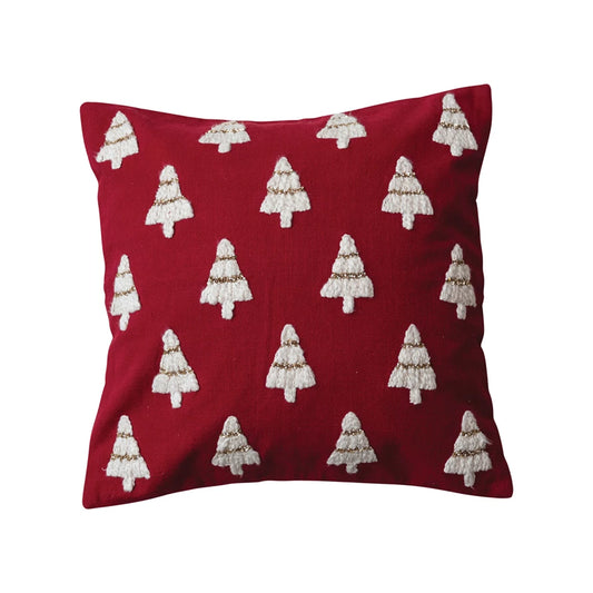 RED PILLOW W/ WHITE TREES & BEADS