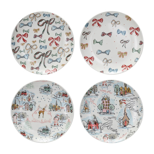 CHRISTMAS VILLAGE & BOWS PLATES SET/4