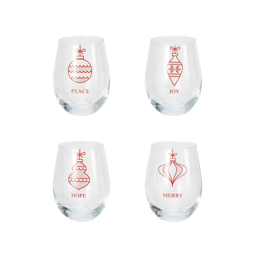STEMLESS WINE GLASS W/ ORNAMENTS SET/4