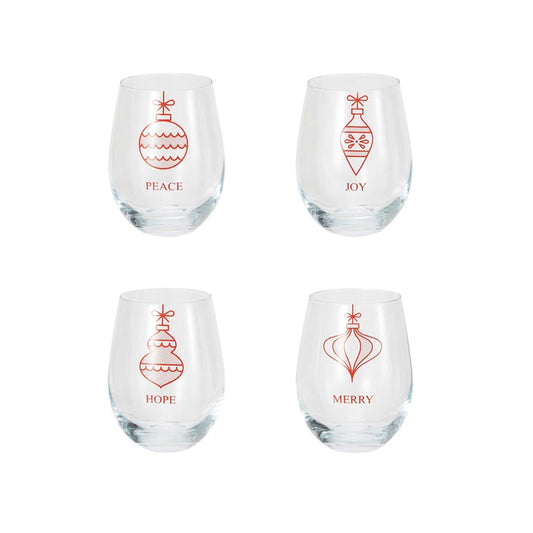 STEMLESS WINE GLASS W/ ORNAMENTS SET/4