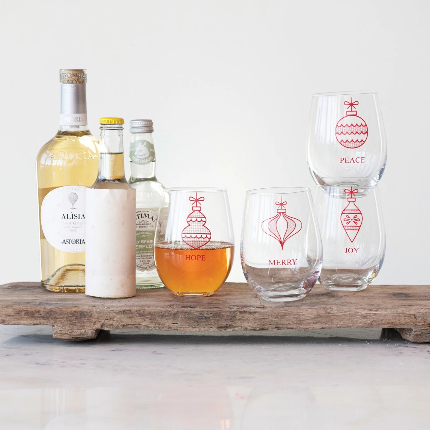 STEMLESS WINE GLASS W/ ORNAMENTS SET/4